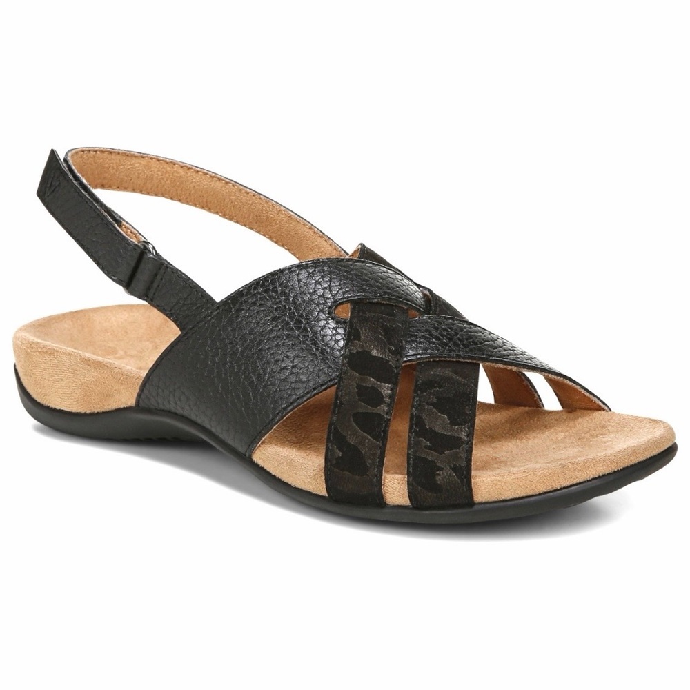 Vionic Eira strappy sandals in black pebble texture and animal print design Sz 8